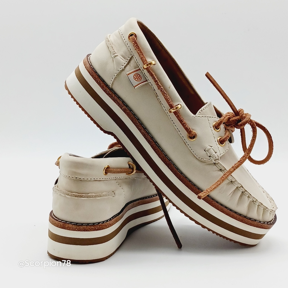 🔥 Last Call Tory Burch Joey Flat Form Boat  Nubuck Shoes 63759 Size 5 Women - Picture 10 of 11